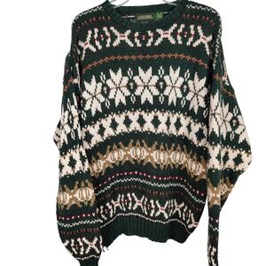 Saddlebred Mens L Fair Isle Snowflake Sweater‎ Green Cotton Gorpcore Cabin Core